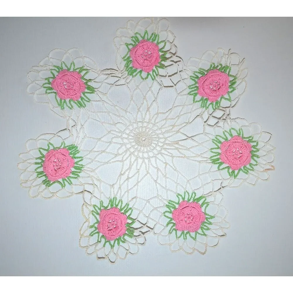 Vintage Round White‎ & Pink Flower Handmade Crochet Doily 14.5